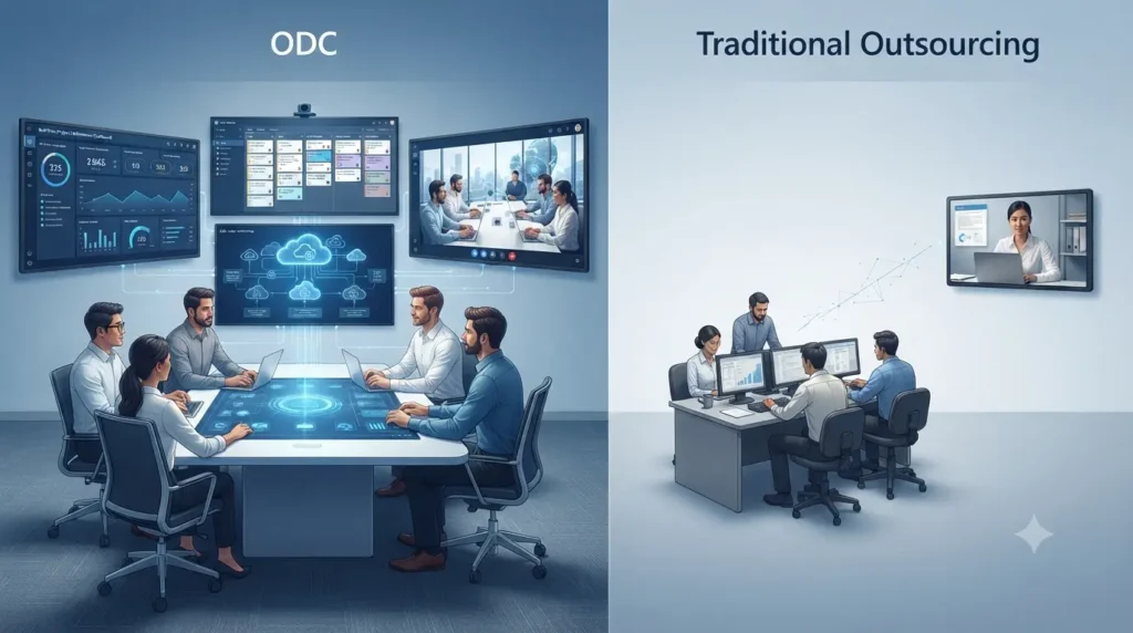 Comparison of Offshore Development Center and traditional outsourcing models.