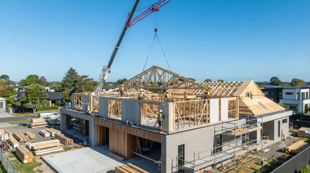 Prefabricated timber trusses being installed on a construction project