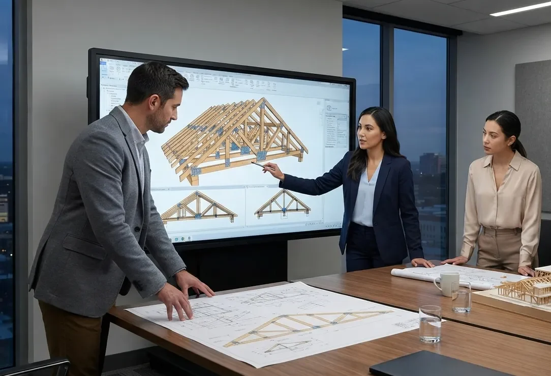 Engineering team reviewing timber truss design and structural drawings