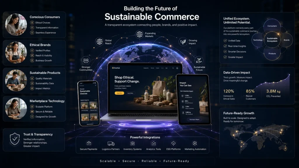 Scalable digital commerce ecosystem supporting sustainable brands and growing customers