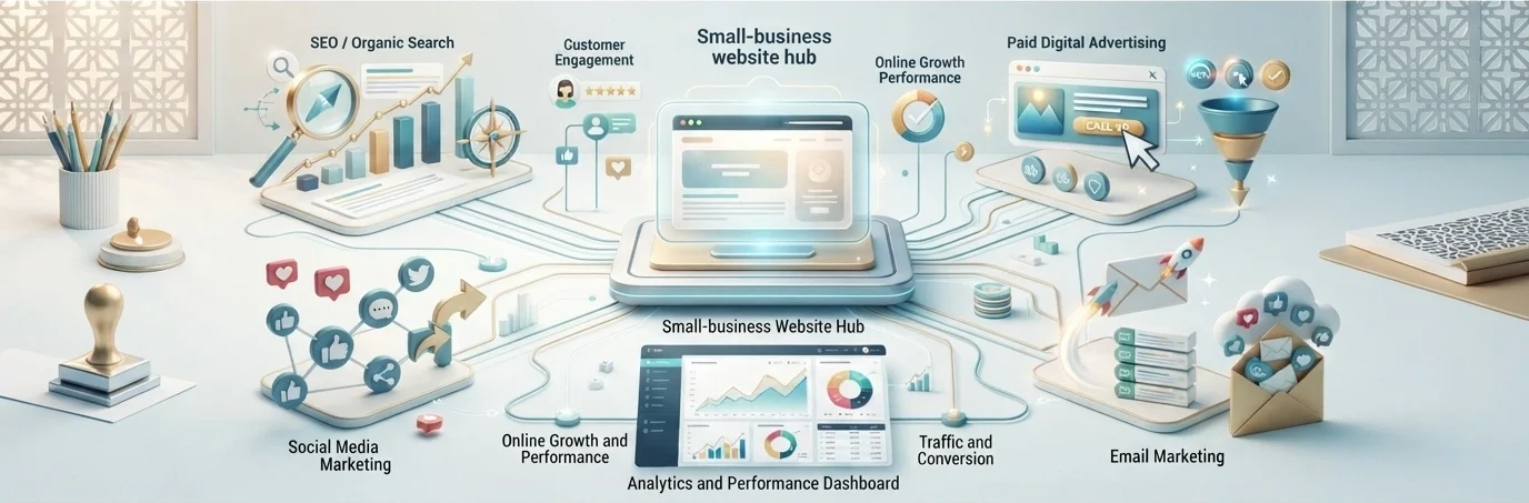 Digital marketing strategy showing SEO, social media, paid advertising and email marketing