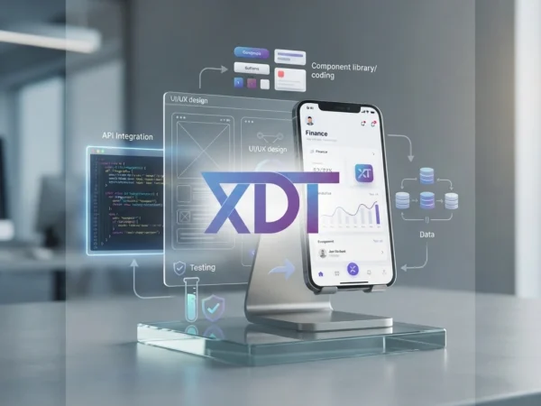 Mobile app development concept with XDT company logo