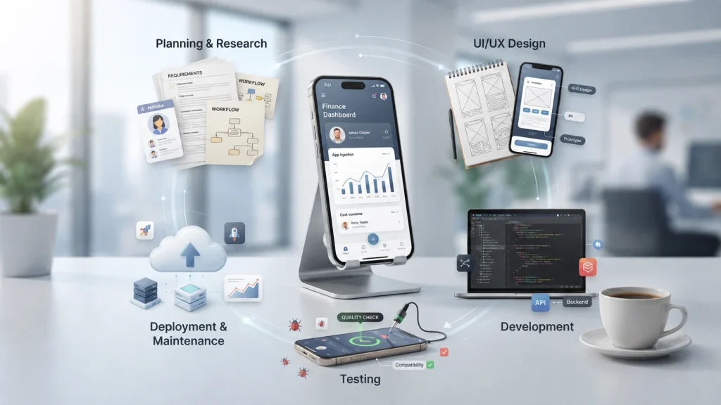 Business mobile app development on a modern smartphone